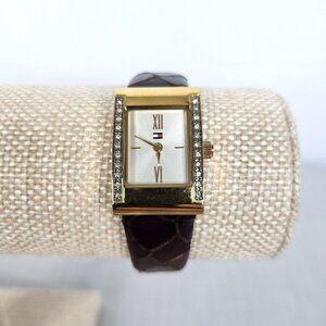 Tommy Hilfiger | Genuine Leather Croc Print Watch | Gold & Crystal